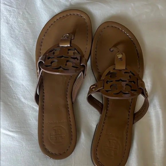 Tory Burch Miller Sandal Thong Patent Calf Leather Sandals Tan - Picture 6 of 11